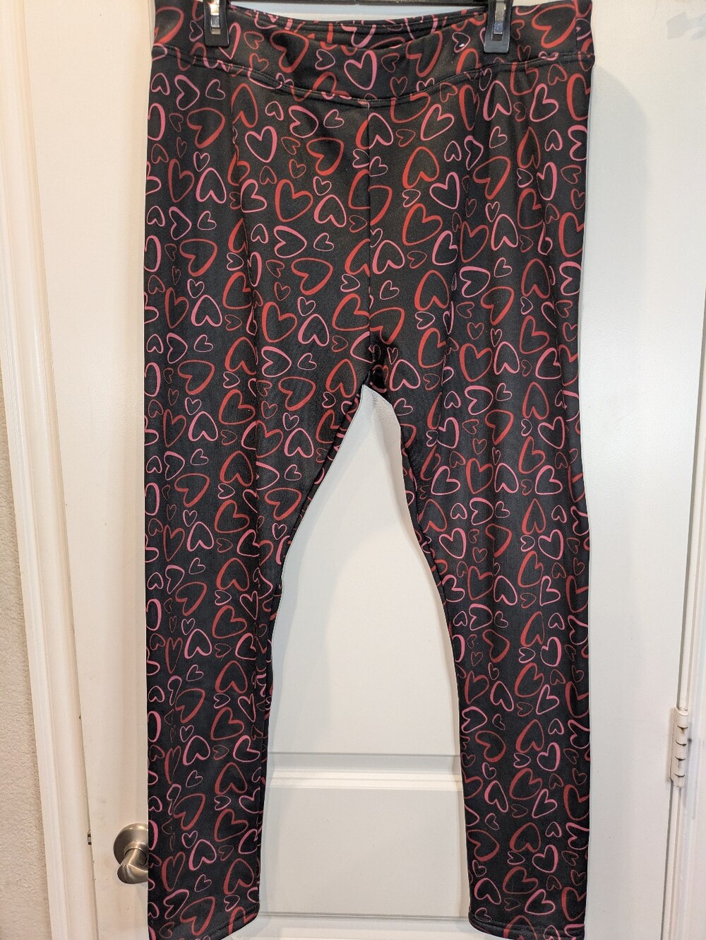 Serra Heart Print Fleece Lined Leggings XL Black Red Pink Cozy Stretch Pants